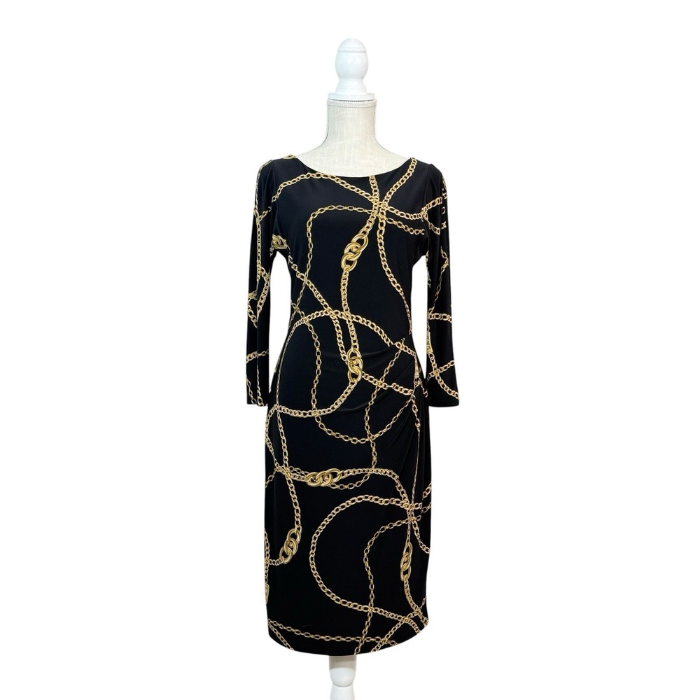 LAUREN RALPH LAUREN Black Gold Chain Link Jersey Dress Sz 6 Equestrian Lined